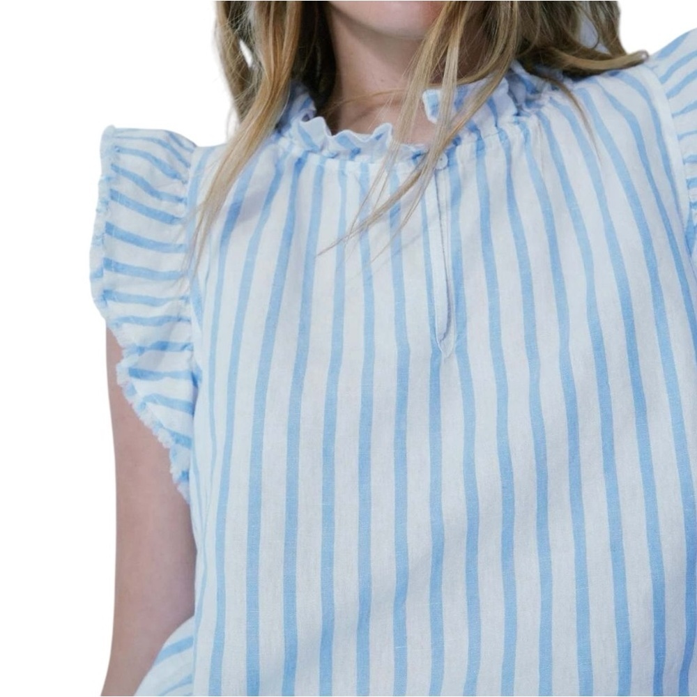 MELISSA NEPTON 100% Linen Clara Blouse | Blue White Striped Ruffle Sleeve Top L